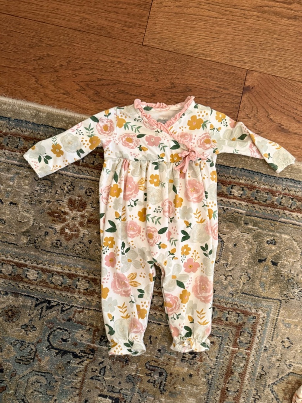 Mud Pie Floral One-Piece Footie in Pink, Mustard & Green